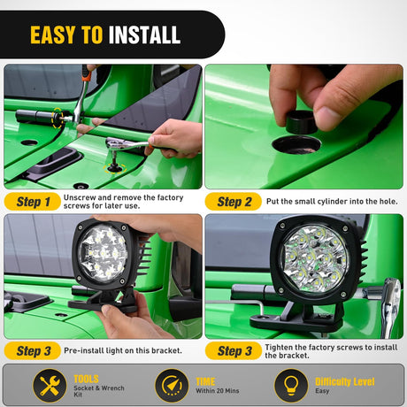 Light Mounting Bracket Hood Cowl Mount Brackets for Front A-Pillar Auxiliary Offroad LED Work Pods Lights on Jeep Wrangler JL JLU Gladiator JT 2018 2019 2020 2021 2022 2023 2024 2025, Black