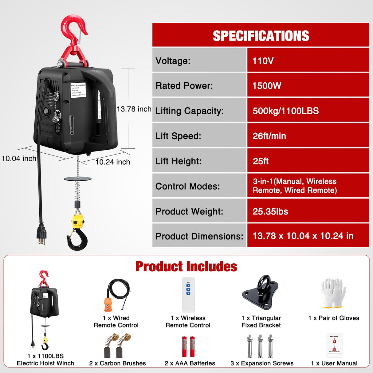 3-in-1 Electric Hoist Winch, 1100LBS 1500W Portable Power Winch Crane with Manual Wired Wireless Remote Control, 110V Electric Winch 25FT Lifting Height for Garage Warehouses Factories, Black