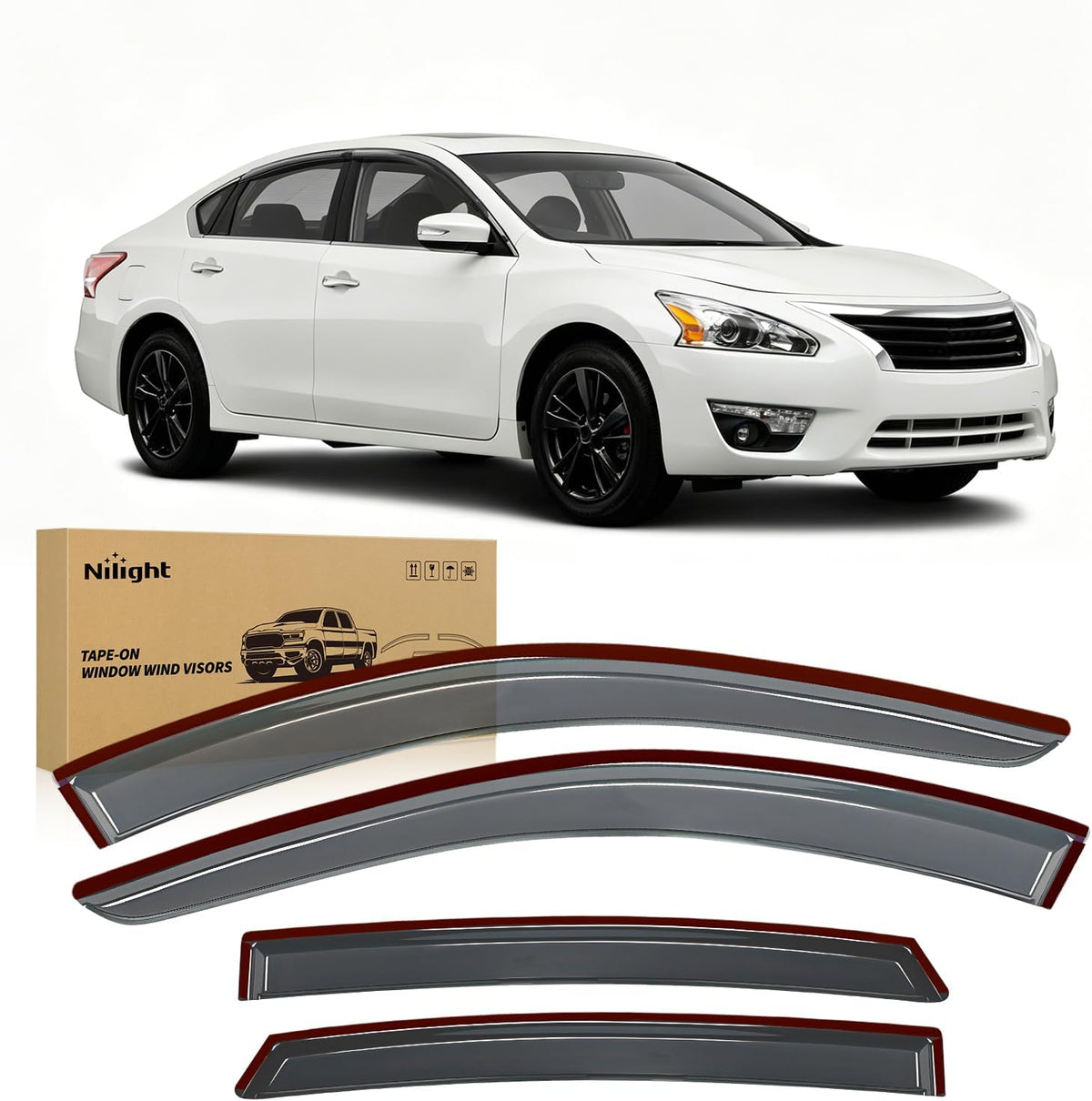 Tape-On Rain Guards for Altima 2013-2018 Sedan 4-Door, Dark Smoke Tinted Out-Channel Window Visors for Upper Window Frame, Vent Deflectors for Fresh Air, Rain & Wind Protection, 4PCS