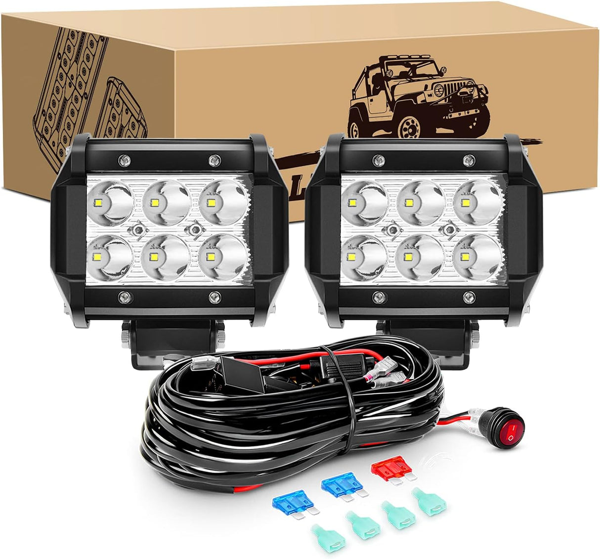2PCS 18W LED Pods Spot Light Bar Fog Light Driving Lighting with 16AWG Off Road Wiring Harness-2 Leads for Truck Golf Cart SUV ATV UTV Boat (Auto-500)