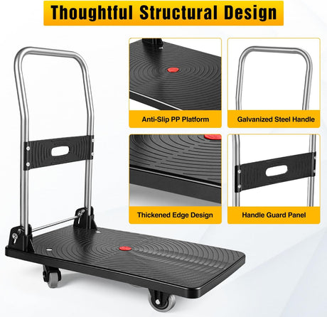 Foldable Platform Cart 220 lbs Push Dolly with 3 Inch PU Wheels PP Deck Flatbed Cart for Home Garage Office Use Black