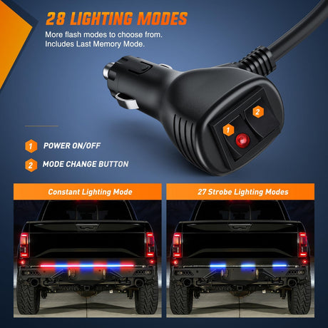 60 Inch Truck Tailgate Strobe Light Strip Tail Emergency Bar Rear Window Warning Lamp Ultra-Bright Double Row 360 LED for Pickup Trailers Construction Vehicles Car SUV, Red Blue