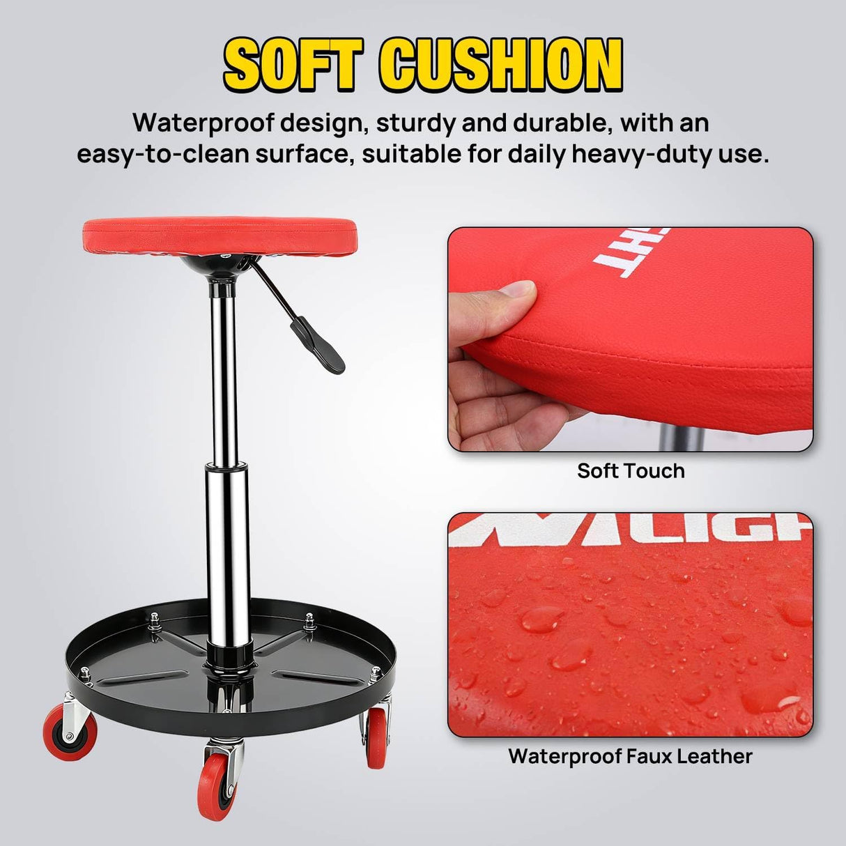 Rolling Mechanic Stool 330LBS Pneumatic Adjustable Swivel PU Seat | 360° Swivel Casters Steel Tool Tray Waterproof Seat for Garage Auto Repair Shop Workshop Warehouse Heavy Duty Workbench Stool