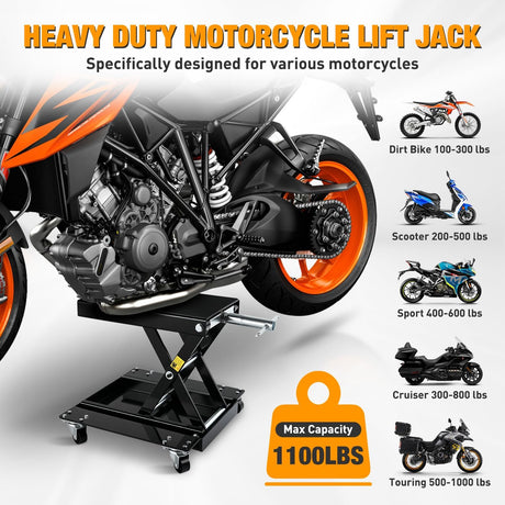 Motorcycle Lift 1100 LBS ATV Scissor Lift Jacks with Dolly Wheels Crank Handle 5.1 Inch-15.7 Inch Hoist Stand Heavy Duty Steel Lifter Jack for Motorcycles Dirt Bike Garage Storage Repair Tool, Black