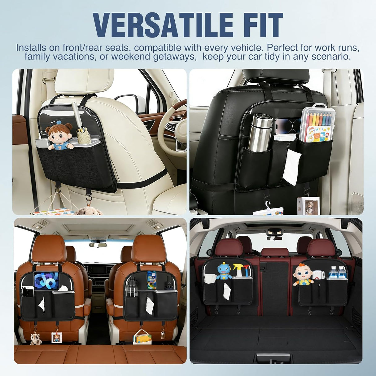 Car Seat Back Organizer 1PC Black PU Leather Universal | Removable Inner Bucket Tissue Box Mesh Pockets Waterproof Hanging Storage Bag for Cars Vans SUVs MPVs Pickup Trucks