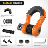 3/4 Inch D Ring Anti-Theft Shackle Tow Hook Jeep Truck SUV ATV UTV | Off Road Recovery Gear 19T 41,887 lbs Break Strength 4.75T WLL Rust-Resistant Anti-Rattle Isolators Heavy Duty Orange 2pack
