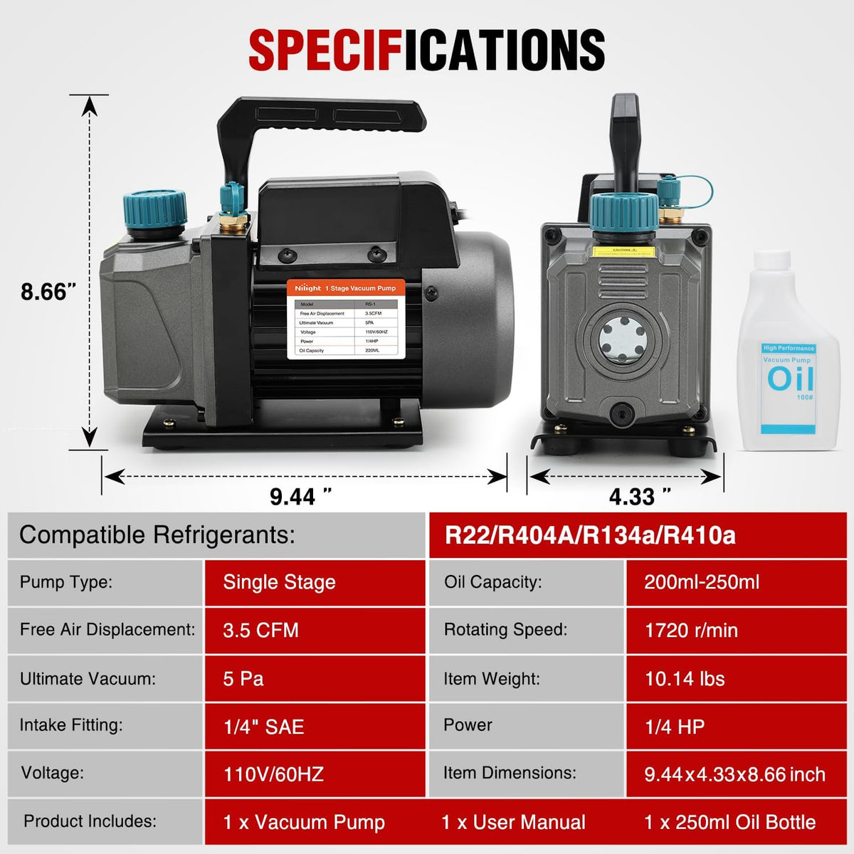 HVAC Vacuum Pump, 3.5 CFM 1/4 HP 110V Single Stage AC Vacuum Pumps Kit for R22 R404a R134a R410a 5 Pa Ultimate Vacuum for Auto Air Conditioning Servicing Refrigerant Recharging, Oil Included