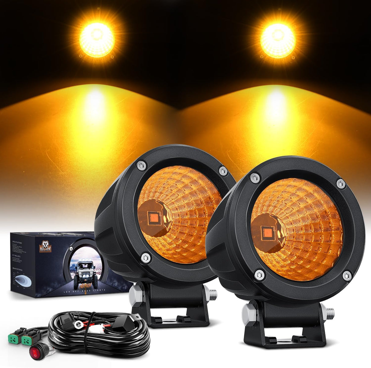 Amber LED Light Pods 2 PCS 3 Inch Flood Round Offroad Driving Auxiliary Fog Lights Built-in EMC w/18AWG DT Wiring Harness Kit for Motorcycle SUV ATV Truck Boat