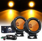 Amber LED Light Pods 2 PCS 3 Inch Flood Round Offroad Driving Auxiliary Fog Lights Built-in EMC w/18AWG DT Wiring Harness Kit for Motorcycle SUV ATV Truck Boat