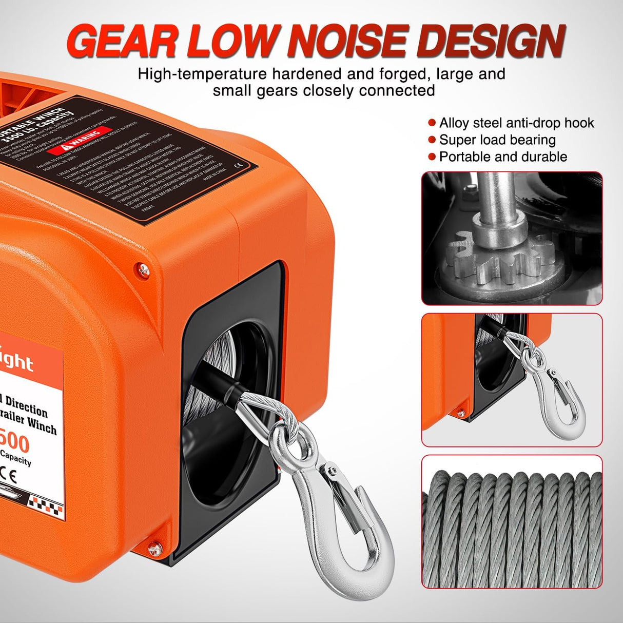 Boat Trailer Winch 3500 lbs Portable Electric Boat Winches 12 V DC Marine Winch with Steel Cable Remote Control & Hand Crank Power-In Freewheel Operat Waterproof Winch for Boat Trailer, Orange