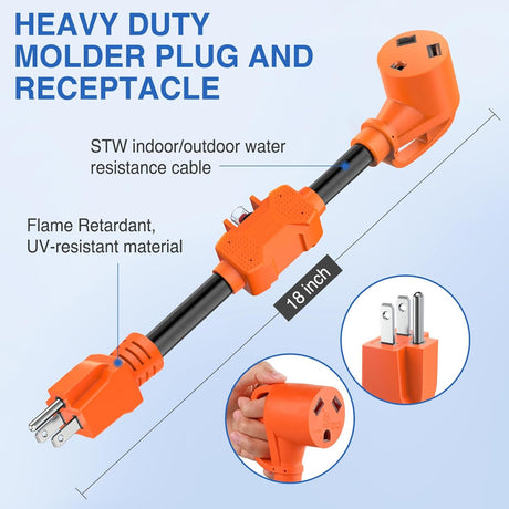 RV Power Adapter Cord with Circuit Breaker Overload Protector 15Amp to 30Amp Plug 110V Electrical 10 Gauge Wire ETL Listed 5-15P to TT-30R 15M/30F Waterproof for RVs Camper Caravan Van