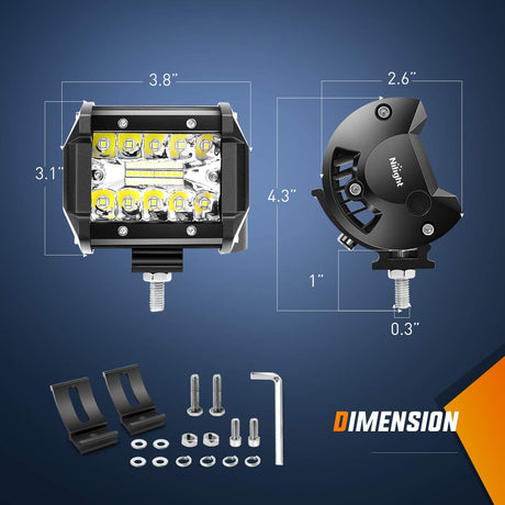 4 Inch 60W Triple Row Spot Flood LED Pods (Pair) W/ Pillar Hood Bracket Clamp Holder | 16AWG Wire 3Pin Switch Nilight