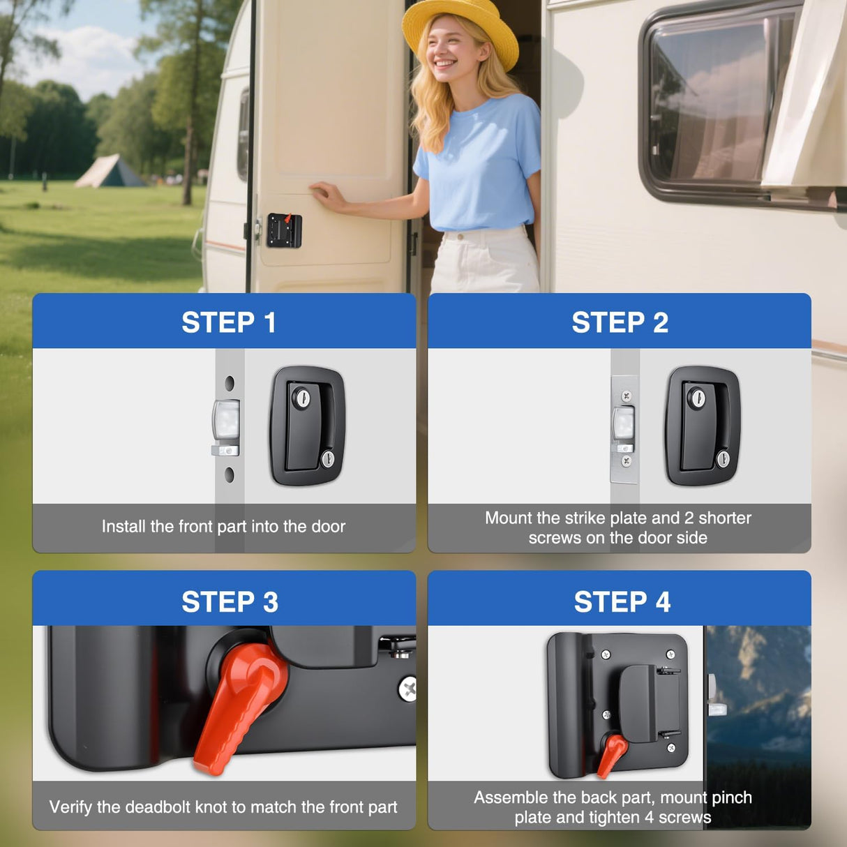 RV Door Lock Replacement with Paddle Deadbolt 100% Zinc Alloy Entry Locks Handle Latch 4 Keys Heavy Duty Enclosed Camping Locking Kit Fits RVs Campers Travel Trailers Horse Cargo Haulers