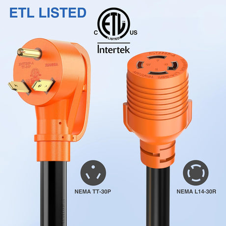 RV Generator Adapter Cord NEMA TT-30P to L14-30R 30 Amp 3 to 4 Prong Generator Transfer Switch Adapter Twist Lock Female Plug Pure Copper Heavy Duty STW 10 AWG ETL Listed