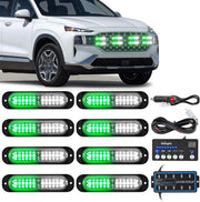 8PCS Led Strobe Lights with Controller 12V 24V Sync Feature Green White Strobe Light 12 LED Surface Mount Emergency Hazard Warning Lights with Strobe Controller for Vehicle Car Truck RV ATV