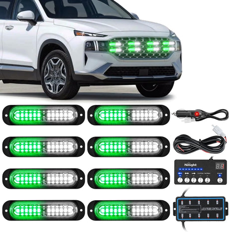 8PCS Led Strobe Lights with Controller 12V 24V Sync Feature Green White Strobe Light 12 LED Surface Mount Emergency Hazard Warning Lights with Strobe Controller for Vehicle Car Truck RV ATV