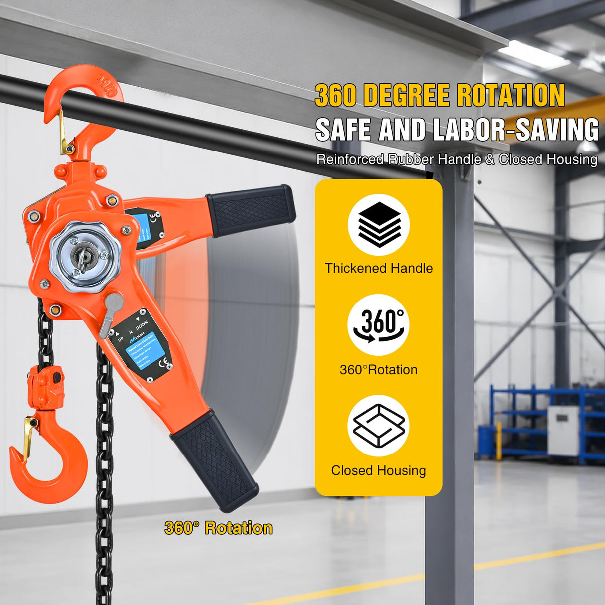 3/4 Ton 1650 lbs Manual Lever Chain Hoist G80 Galvanized Carbon Steel with Weston Double-Pawl Brake Auto Chain Leading & 360° Rotation Hook for Garage Factory Dock