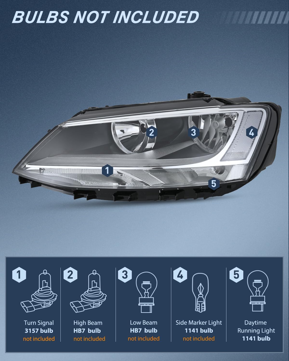 Headlight Assembly Compatible with 2011-2018 Volkswagen Jetta MK6 | 2011-018 Volkswagen Jetta MK6 OE Style Replacement Chrome Housing Clear Reflector Halogen Headlamps
