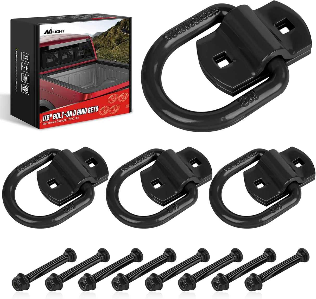4 PCS D Ring Tie Down Anchor 1/2 Inch Heavy Duty Rings with Screws Bolts on Trailer Truck Bed Cargo 12000 Lbs Break Strength Hook Black