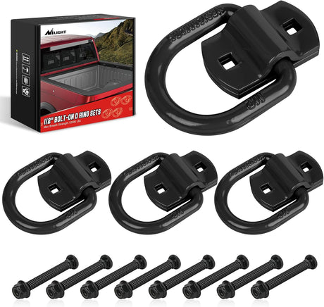 4 PCS D Ring Tie Down Anchor 1/2 Inch Heavy Duty Rings with Screws Bolts on Trailer Truck Bed Cargo 12000 Lbs Break Strength Hook Black