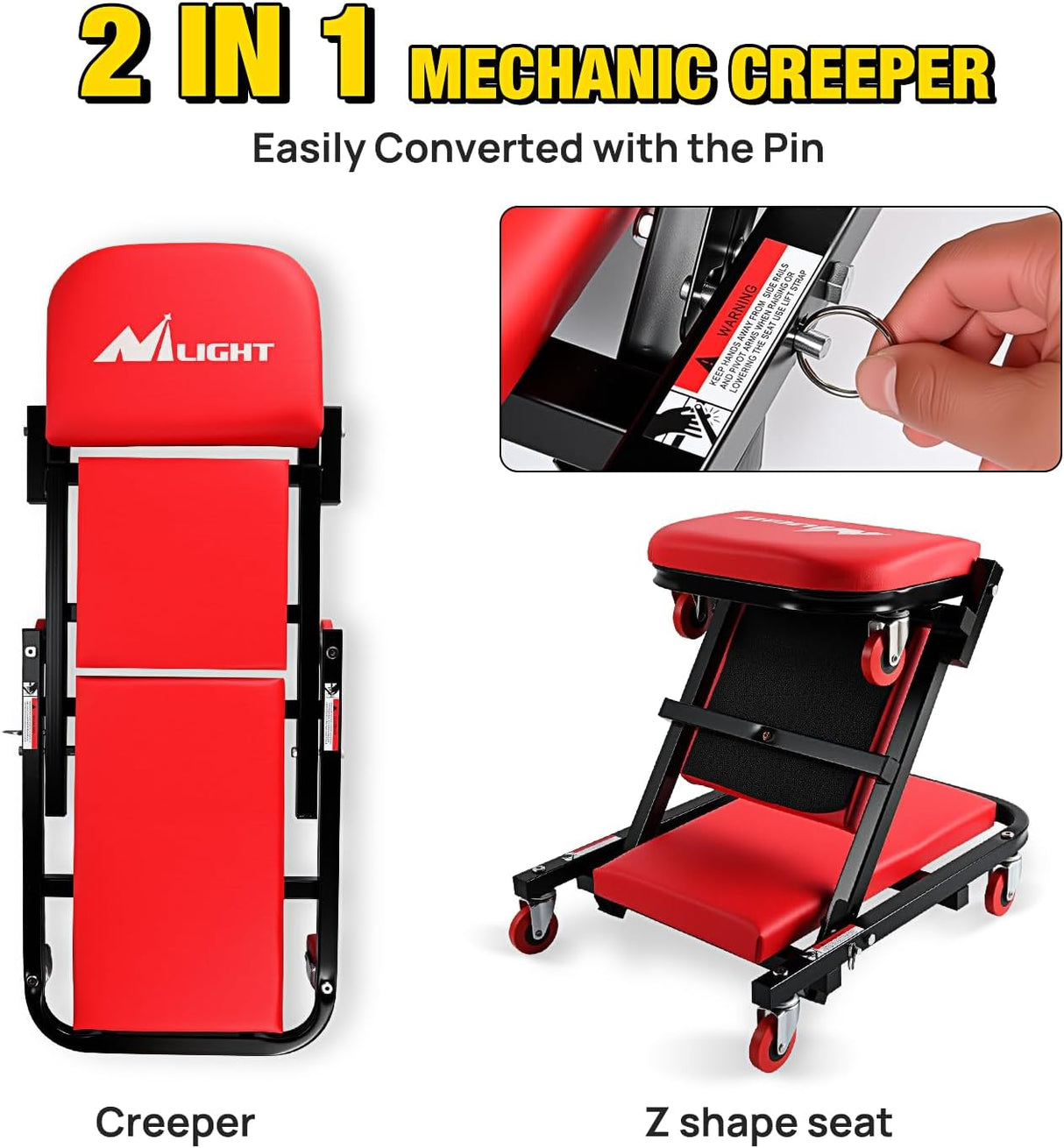 40 Inch Z Creeper - 2-in-1 Folding Rolling Mechanic Seat, 40 inches Adjustable Lay-Down or Sit Garage Chair, 330 lbs Capacity, Red Black