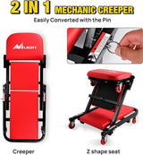 40 Inch Z Creeper - 2-in-1 Folding Rolling Mechanic Seat, 40 inches Adjustable Lay-Down or Sit Garage Chair, 330 lbs Capacity, Red Black
