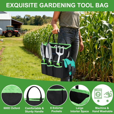 Gardening Tools 22-Piece Heavy Duty Garden Tool Set Gardening Supplies Gifts for Women Men Gardening Hand Tool Kit with Non-Slip Ergonomic Handle, Garden Bag, Gloves, 15 Plant Tags, Black Green