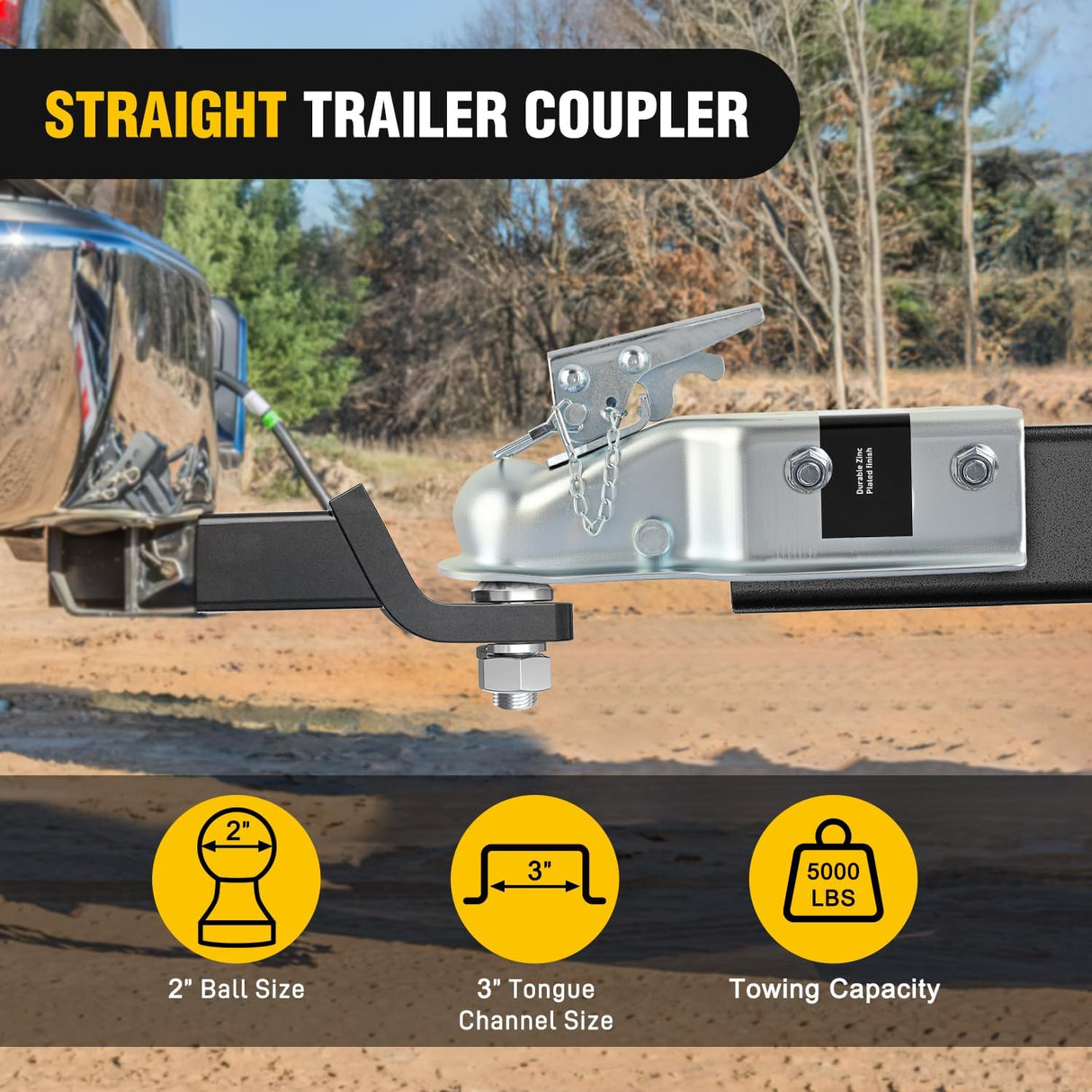 Straight Trailer Coupler with Security Latch&Chain for 2-Inch Hitch Ball, 3-Inch Channel,5000 LBS,Heavy Duty Trailler Tongue Coupler for Station Wagon, Truck, Bolted & Welded Installation
