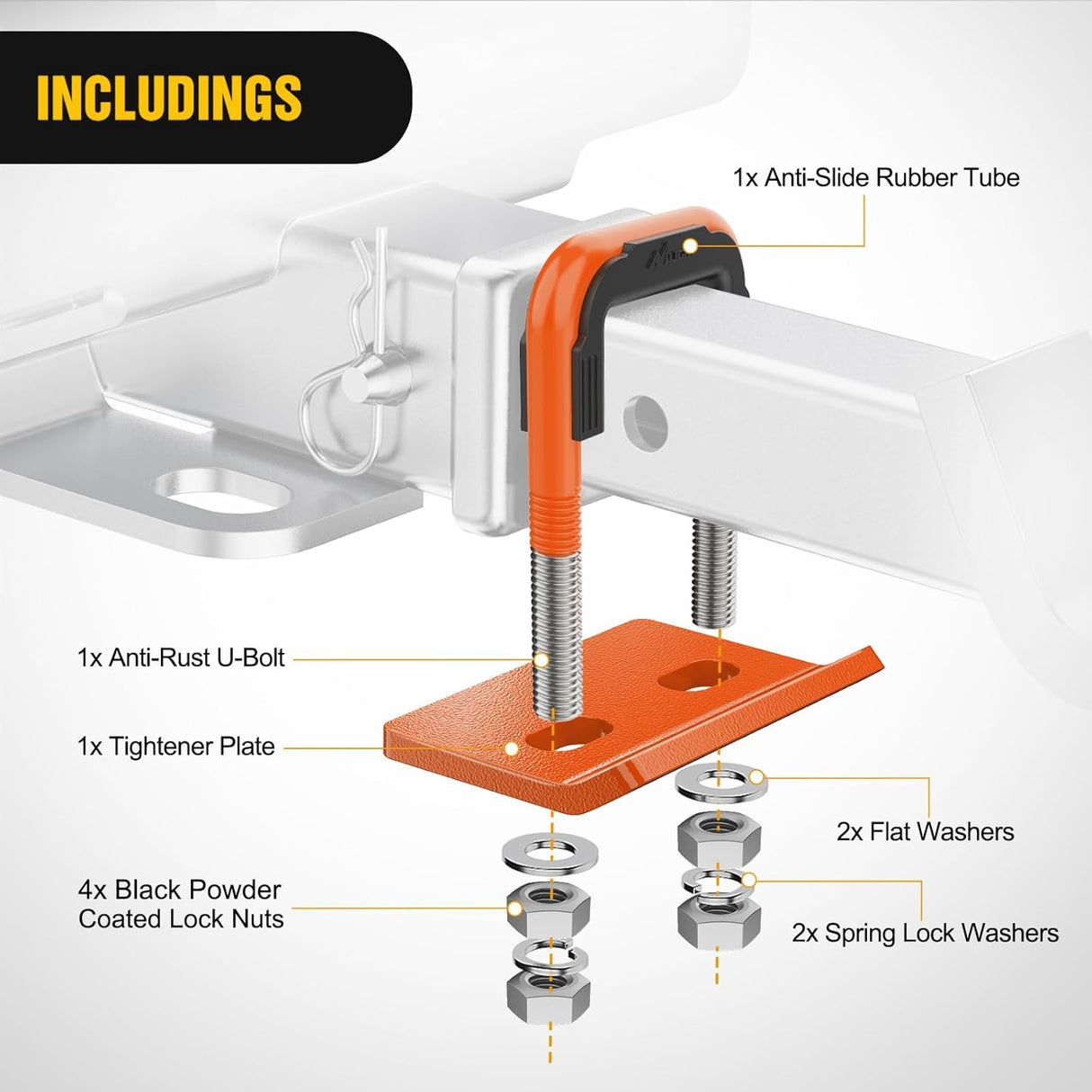 Trailer Hitch Tightener for 2 Inch Trailers Hitches Mount Anti Rattle Heavy Duty Steel with Rubber Cover Orange U Bolt Glossy Coating Plate Electrophoresis Anti-Rust Triple Protective