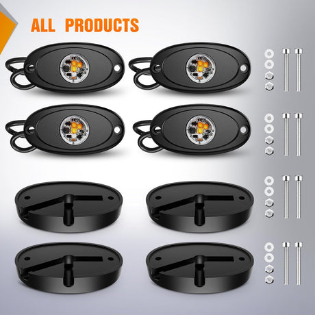 LED Rock Light 4PCS Amber Underglow Wheel Well Fender Pods Waterproof Exterior Underbody Roof Rack Side Lamps for 12V 24V Car Truck Pickups ATV UTV SUV Motorcycle Boat