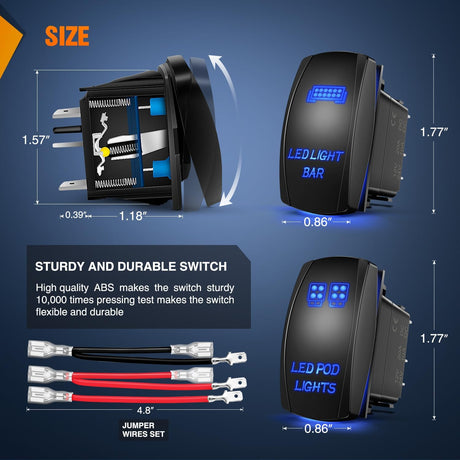 2 Pack Led Pod Lights Rocker Switch Light Bar 5 Pin Laser On Off SPST Switches 20A/12V 10A/24V Blue with Jumper Wires Set for Cars Trucks RVs
