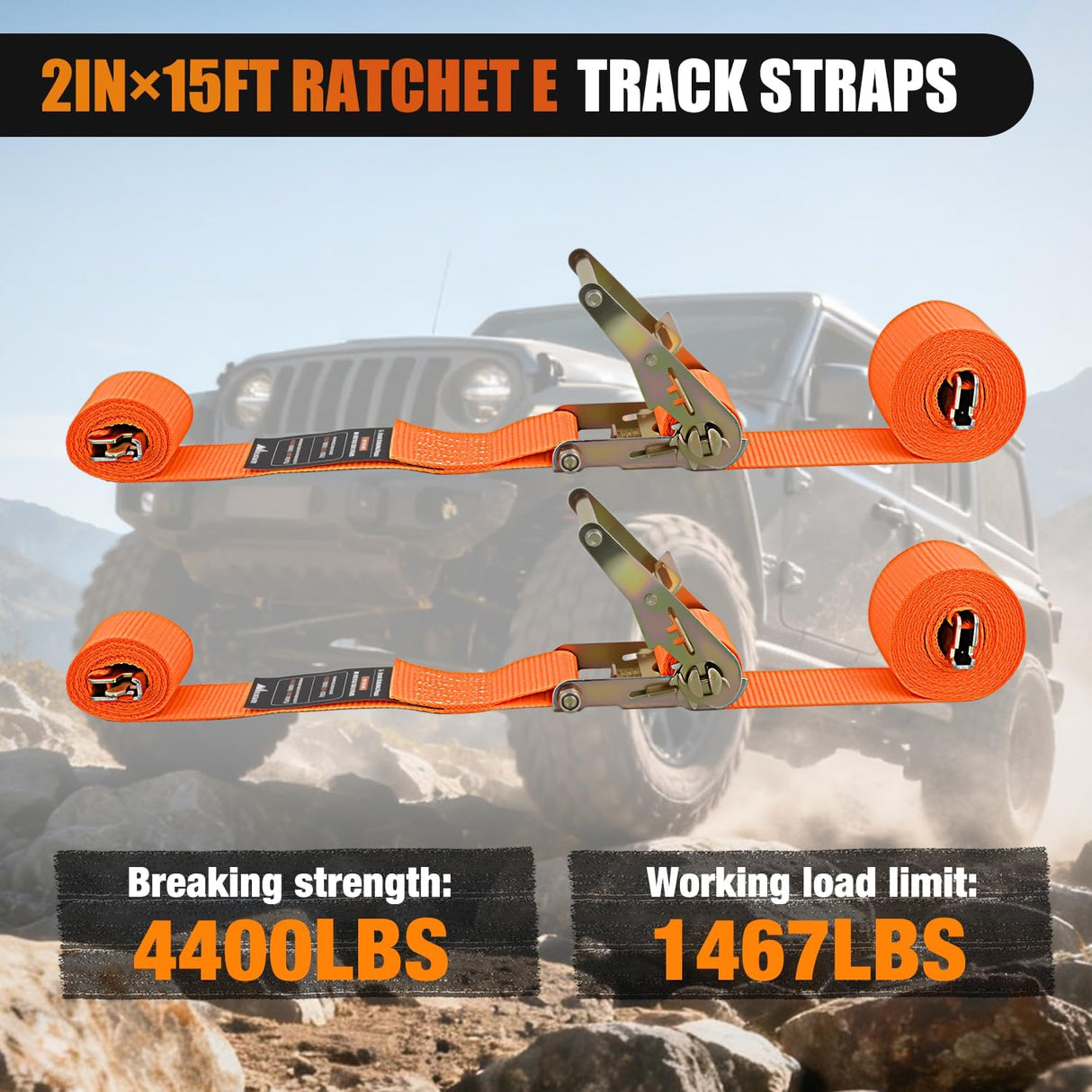 E-Track Ratchet Straps 8 Pack 2 Inch x 15 Inch  Orange | Heavy Duty Cargo Tie-Downs 4400 lbs Breaking Strength Standard E Track accessories Fit for Cargo Vans Trucks Trailers