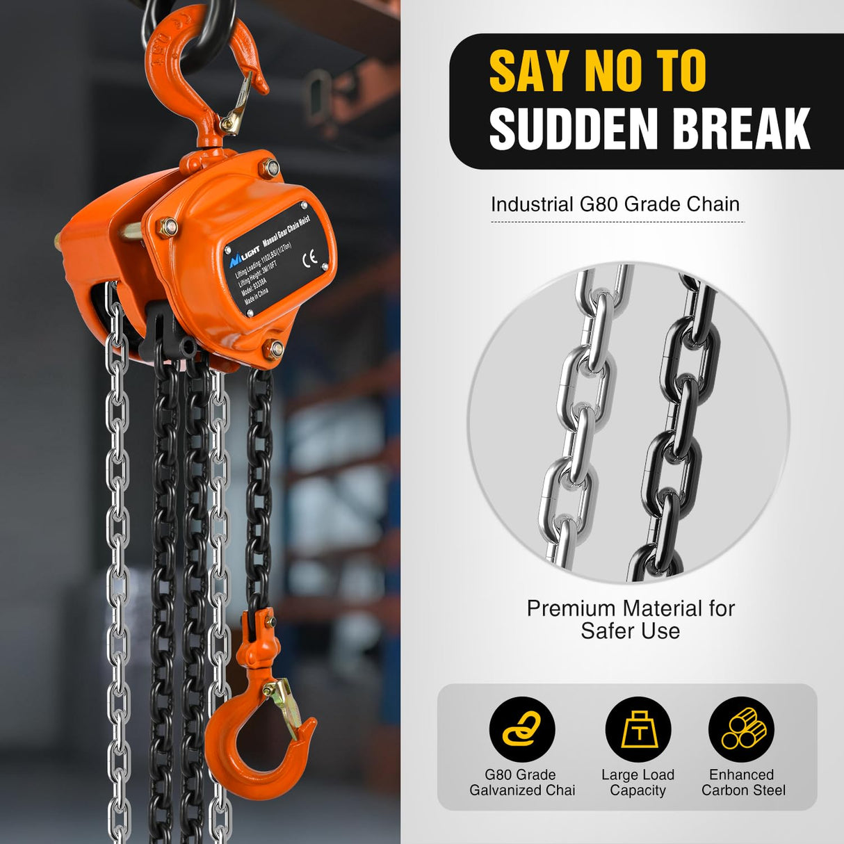 1/2 Ton 1100 lbs Manual Chain Hoist 80 Galvanized Chain 10 ft Lifting Height Industrial Grade Steel Structures for Garages Warehouse Automotive Machinery