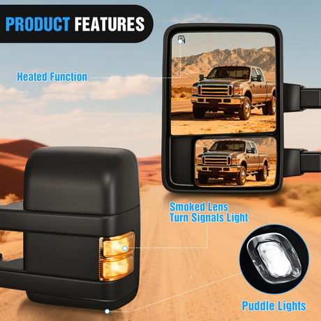 Towing Mirrors Turn Signal Puddle Lights Power Heated Adjustable Glass Manual Telescoping Folding Compatible With 1999-2007 Ford F250 F350 F450 F550 Super Duty