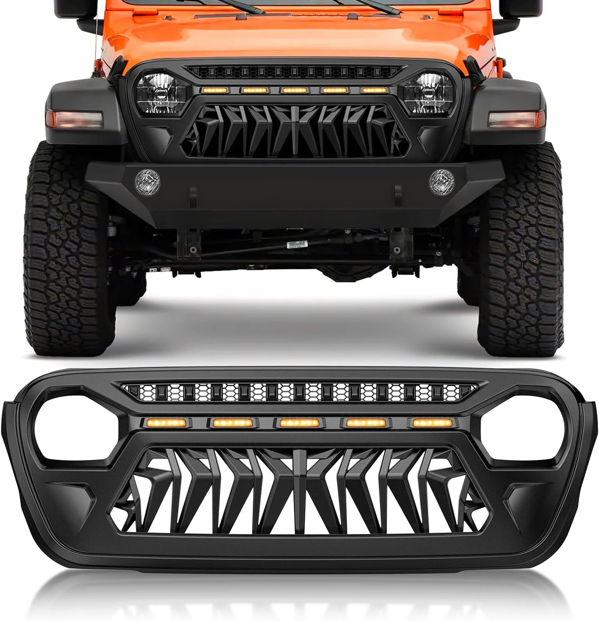 Front Grille Cover for 2018 2019 2020 2021 2022 2023 2024 2025 Wrangler JL and Gladiator JT with LED Amber Lights Matte Black