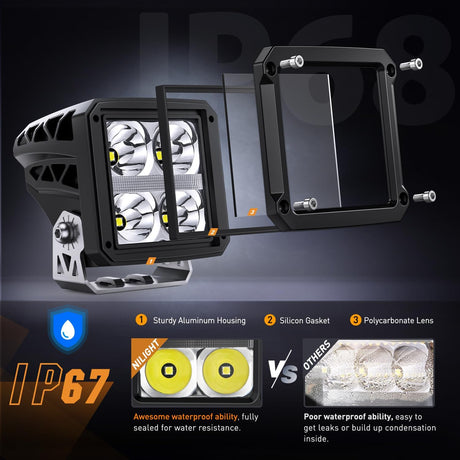 LED Pod Lights with Amber DRL 3.2 Inch Square 20W 2510LM Super Spot Beam w/ 16AWG Wiring Harness Kit Auxiliary Offroad Driving Ditch Light for Truck UTV ATV SUV 4x4