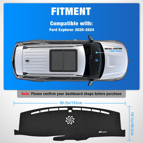 Dash Cover for Ford Explorer 2020 2021 2023 2024, Custom Fit Suede Dashboard Mat Non‑Slip Sunshade Glare Protector Interior Accessories Black