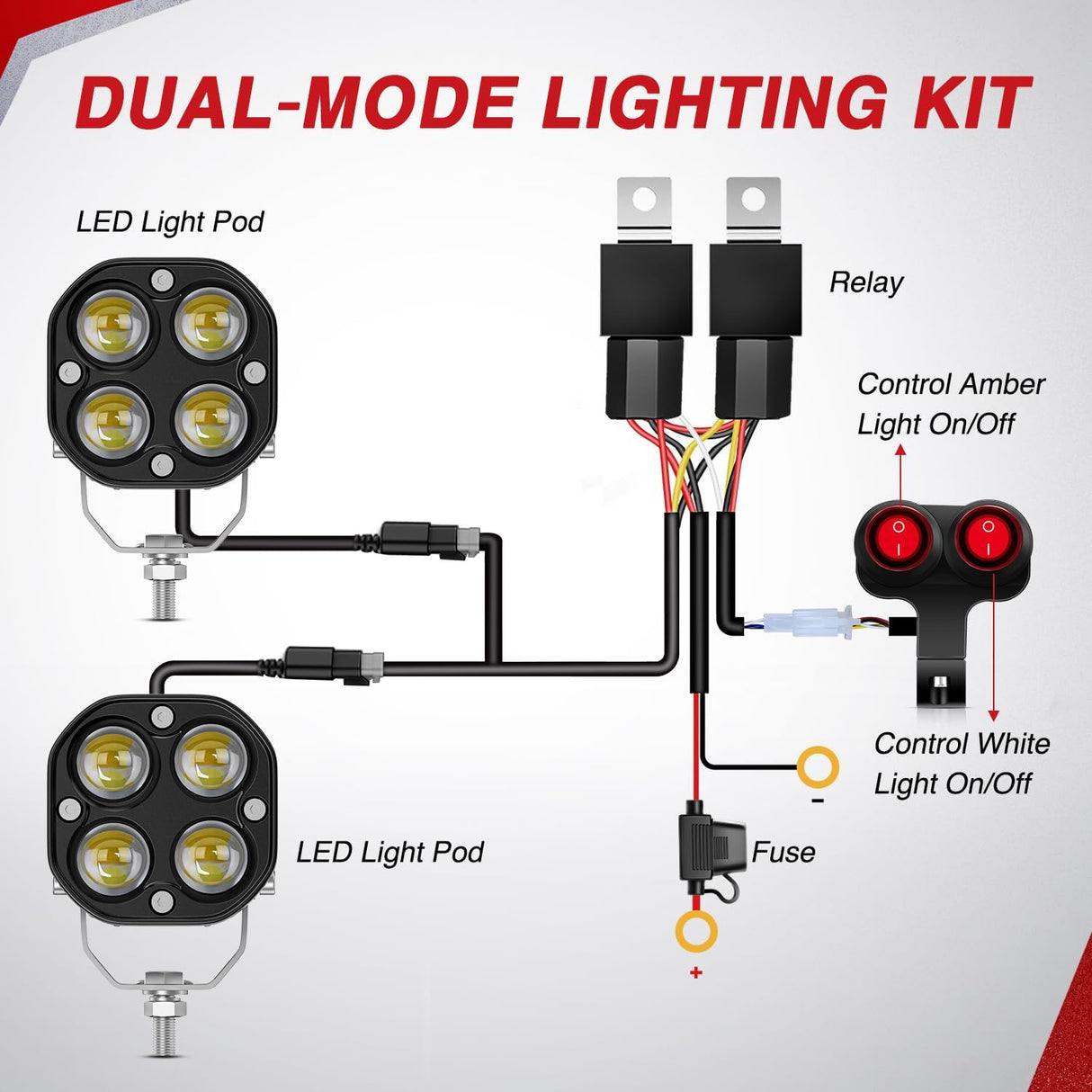 7/8 Inch Handlebar LED Light Pods 3 Inch White Amber Dual Color | 2 PCS 40 W Spot Beam Driving Fog Auxiliary Offroad Lamp with 16AWG Wiring Harness Kit for 12V Motorcycle Motorbike Dirt Bike