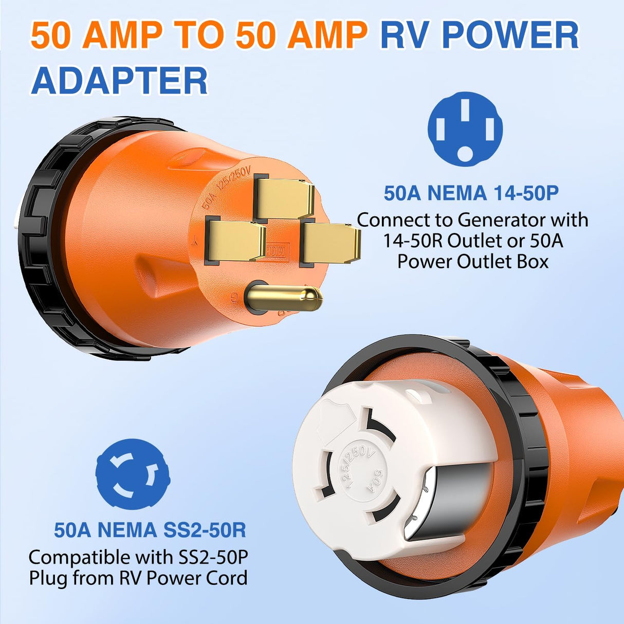 50 Amp to 50Amp RV Power Adapter 125/250 Volt Twist Locking Connector 14-50P to SS2-50R 50A Male Plug to 50A Female Receptacle for RVs Generator Camper Caravan Shore Power Converter