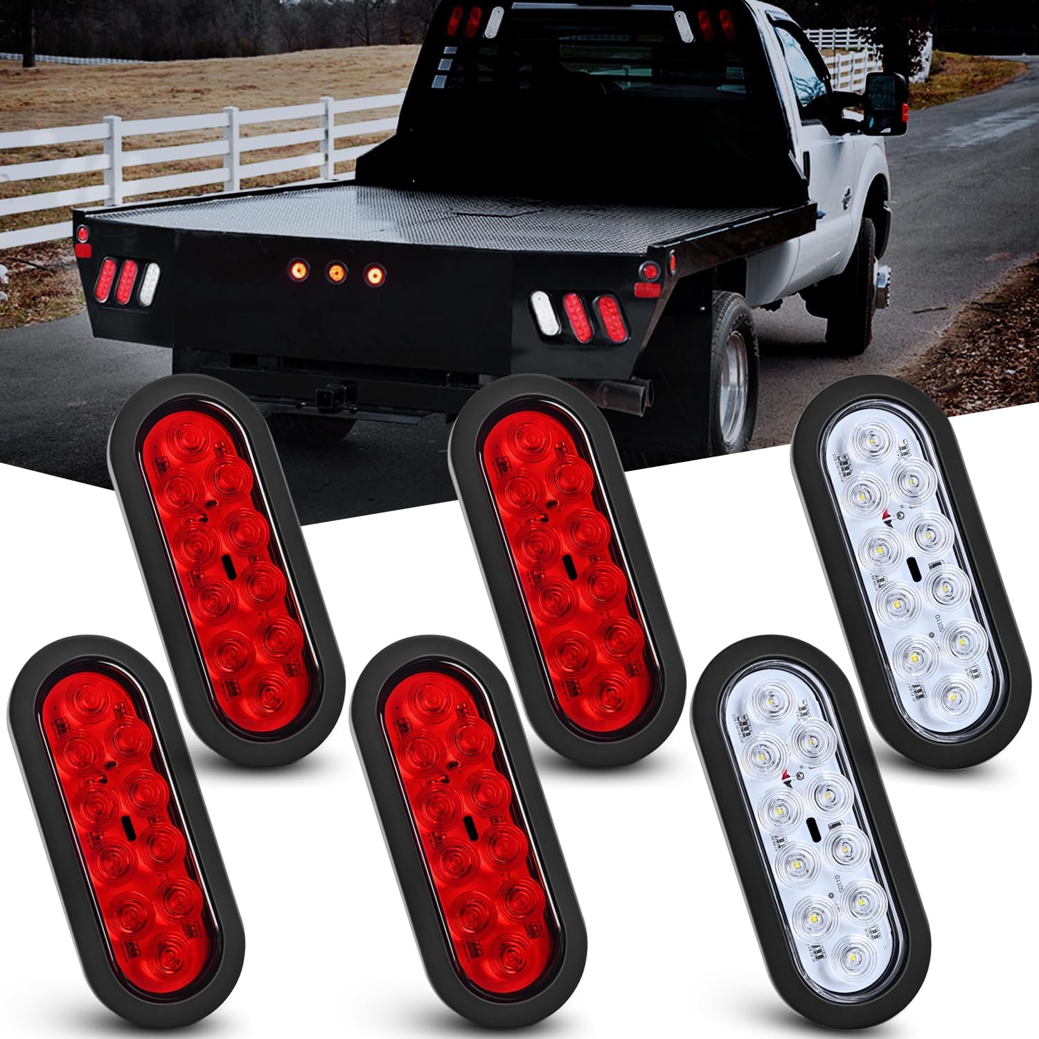 6" Oval Red White 10LED Trailer Tail Lights (6 Pcs) Nilight