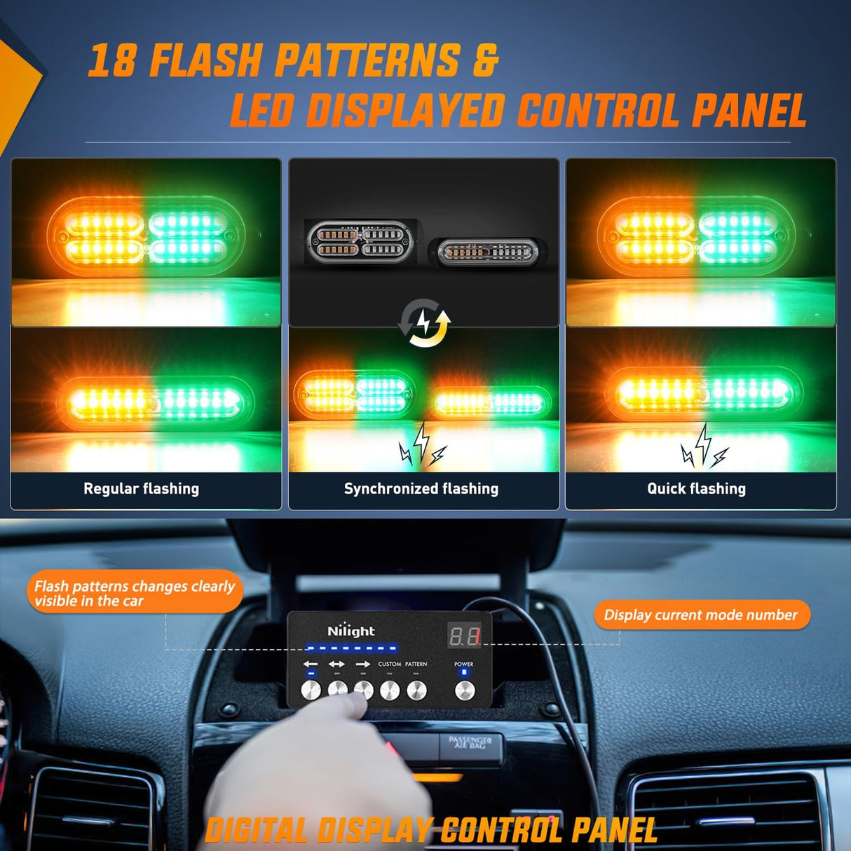 8PCS Led Strobe Lights with Controller 12V 24V Sync Feature Amber Green Light 12 24 LED Surface Mount Emergency Hazard Warning for Vehicle Car Truck RV ATV