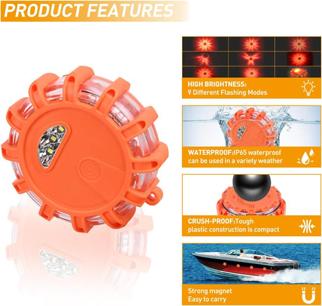 LED Road Flares Emergency Lights 6 Pack,9 Flash Models Roadside Safety Flashing Warning Light with Magnetic Base & Hook,Storage Bag(Batteries Not Included)