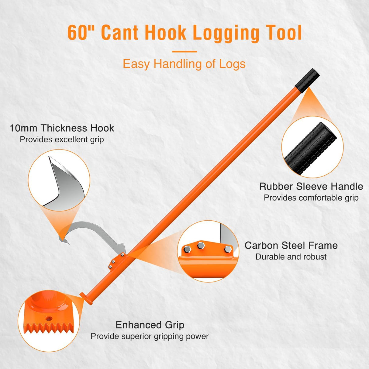 60 Inch Cant Hook for Log Roller Logging Tools with Adjustable Steel Cant Hooks & Rubber Grip Heavy Duty Timberjack Log Lifter Mover for Rolling, Raising, Turning Logs up to 32 Inch Diameter, Orange