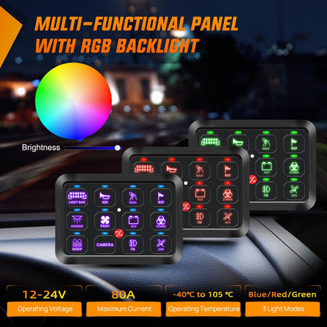 12 Gang Switch Panel 12V 24V Universal Circuit Control Relay System with RGB Backlight APP Fuse Wiring Harness Automatic Dimmable ON Off LED Switches Pod for Car Pickup Truck Camper SUV