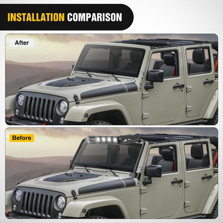 Front Windshield Frame Cover Roof Sun Visor Cowl Body Armor with 4 x LED Lights Compatible with 2007-2018 Jeep Wrangler JK JKU Unlimited, Windscreen Rack Protector Stand