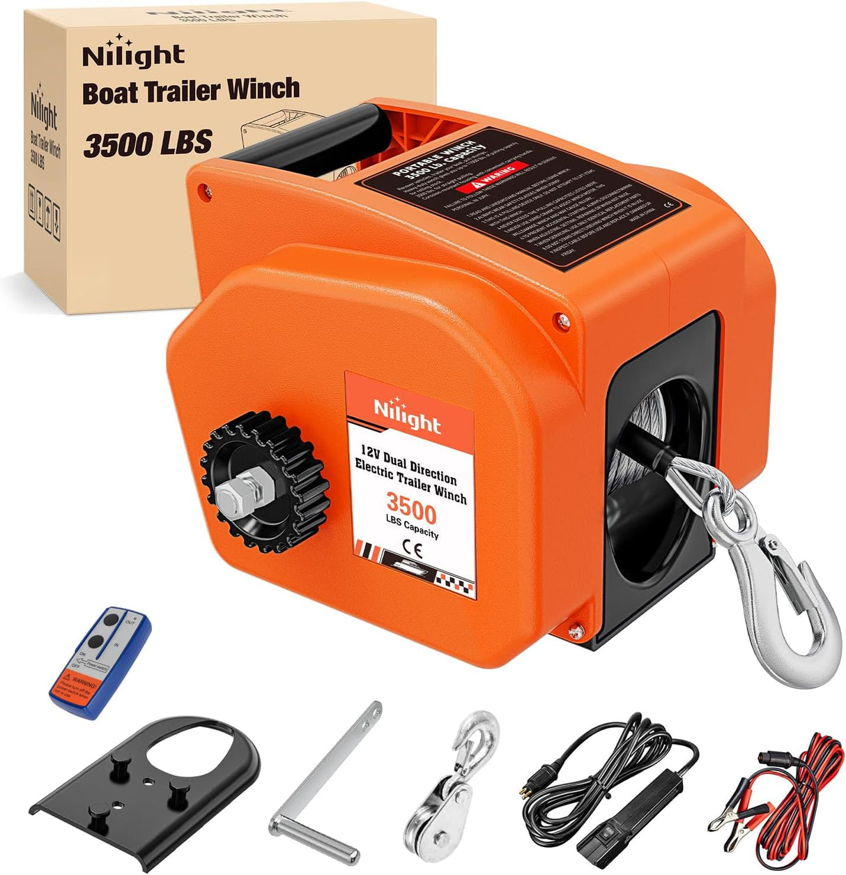 Boat Trailer Winch 3500 lbs Portable Electric Boat Winches 12 V DC Marine Winch with Steel Cable Remote Control & Hand Crank Power-In Freewheel Operat Waterproof Winch for Boat Trailer, Orange