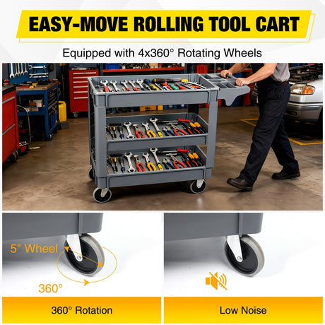 Heavy Duty 3-Shelf Plastic Utility Cart - 550 lbs Capacity Rolling Service Cart with 5 Inch TPU Silent Wheels & Integrated Tool Handle - Grey
