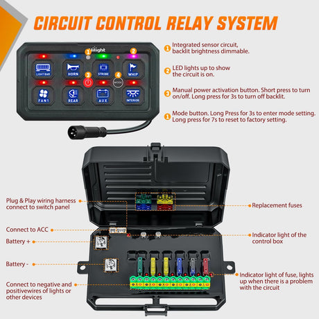 8 Gang Switch Panel Blue Circuit Control Relay System with Fuse Wiring Harness Toggle Momentary Strobe Flash Modes Automatic Dimmable ON Off Pod 12V 24V for Car Truck Camper SUV