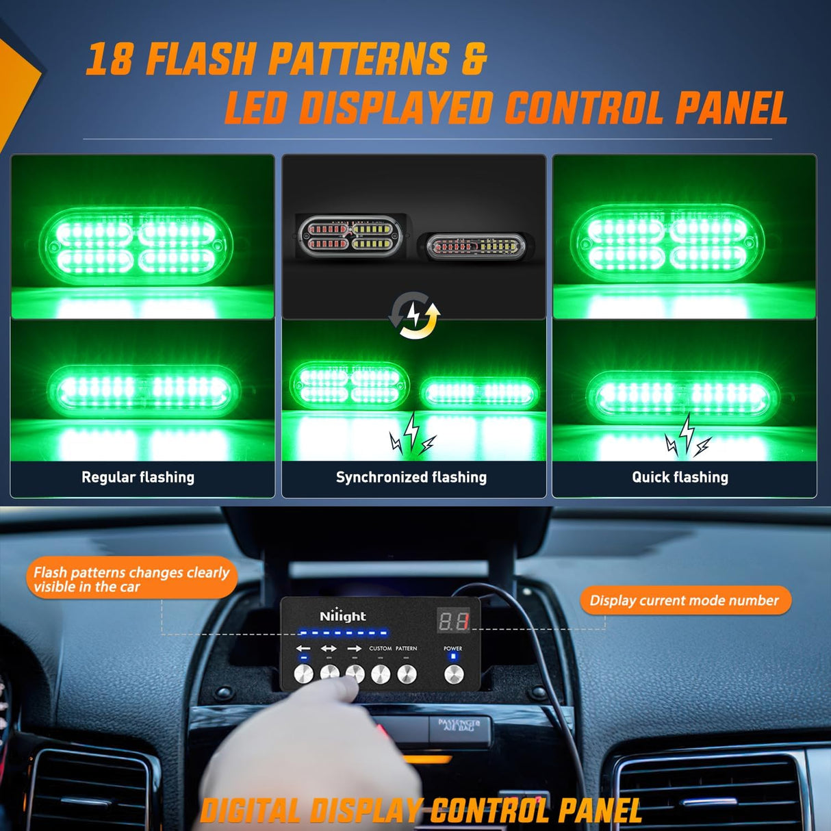 8PCS Led Strobe Lights with Controller 12V 24V Sync Feature Green Emergency Hazard Warning Light 12 24 LEDs Surface Mount for Vehicle Car Truck RV ATV