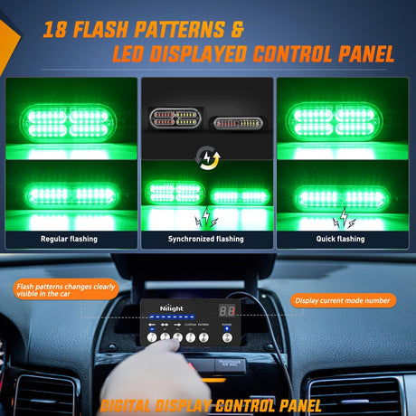 8PCS Led Strobe Lights with Controller 12V 24V Sync Feature Green Emergency Hazard Warning Light 12 24 LEDs Surface Mount for Vehicle Car Truck RV ATV